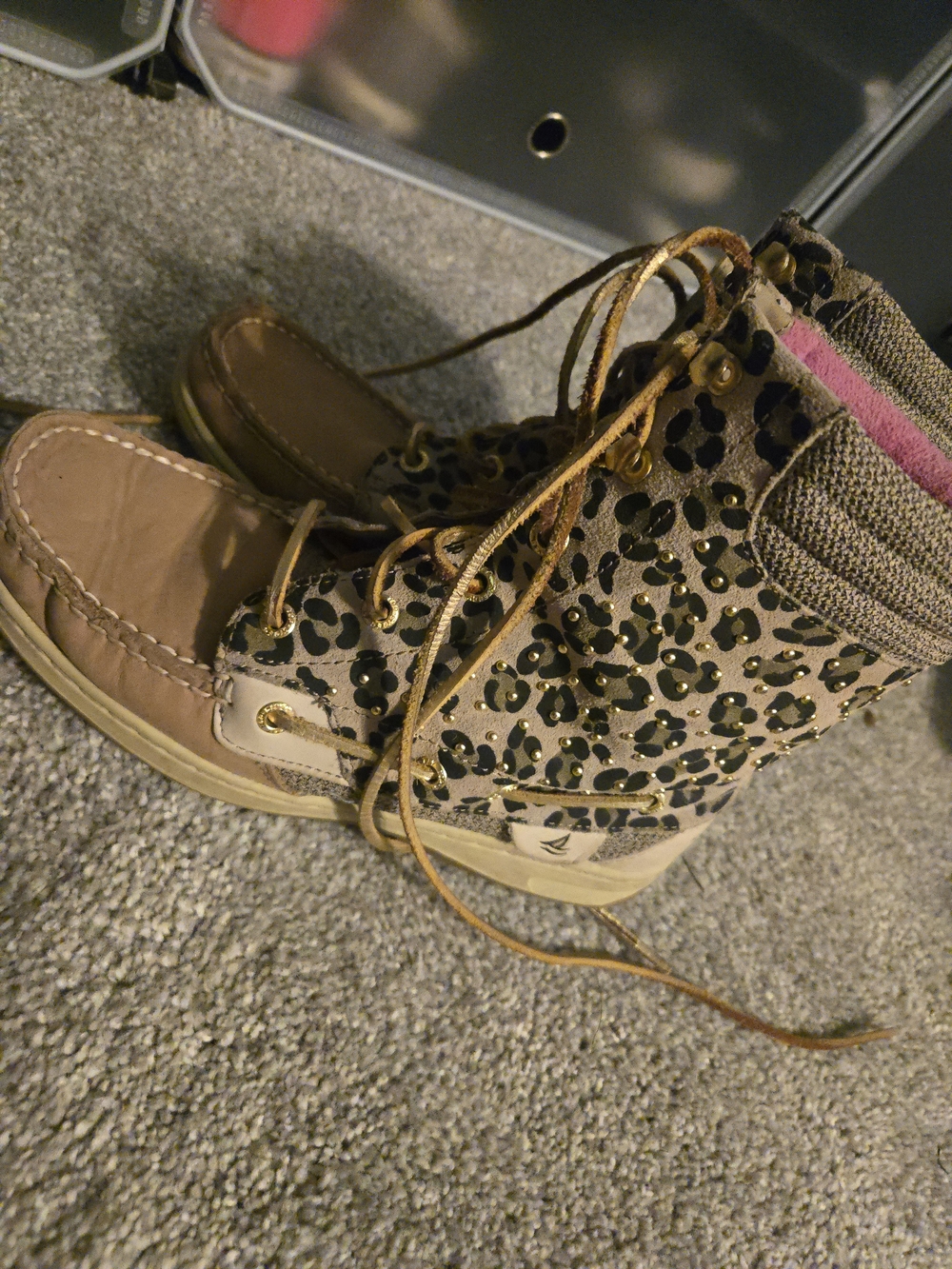Sperry Leopard Print Lace-Up Boots with Pink Knit Collar